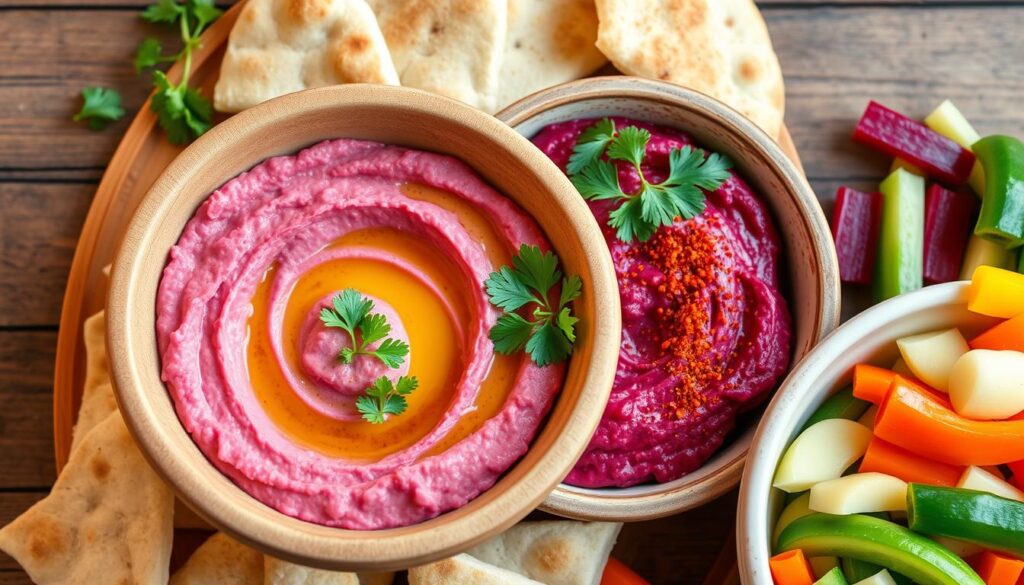 hummus tradizionale con tahini e hummus di barbabietola hummus tradizionale con tahini e hummus di barbabietola