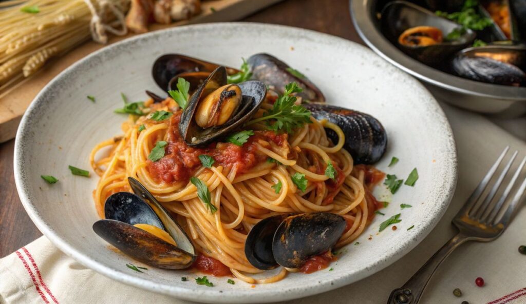 Un delizioso piatto di GLI SPAGHETTI ALLE COZZE DI ANTONINO CANNAVACCIUOLO