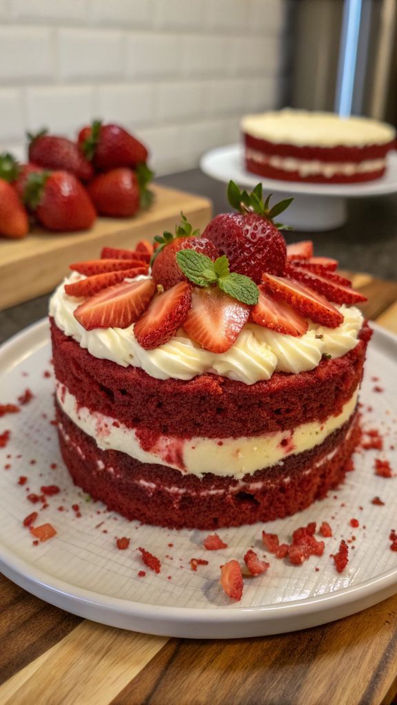 Preparazione passo-passo di Red Velvet Strawberry Cheesecake