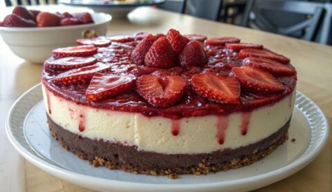 Un delizioso piatto di Red Velvet Strawberry Cheesecake