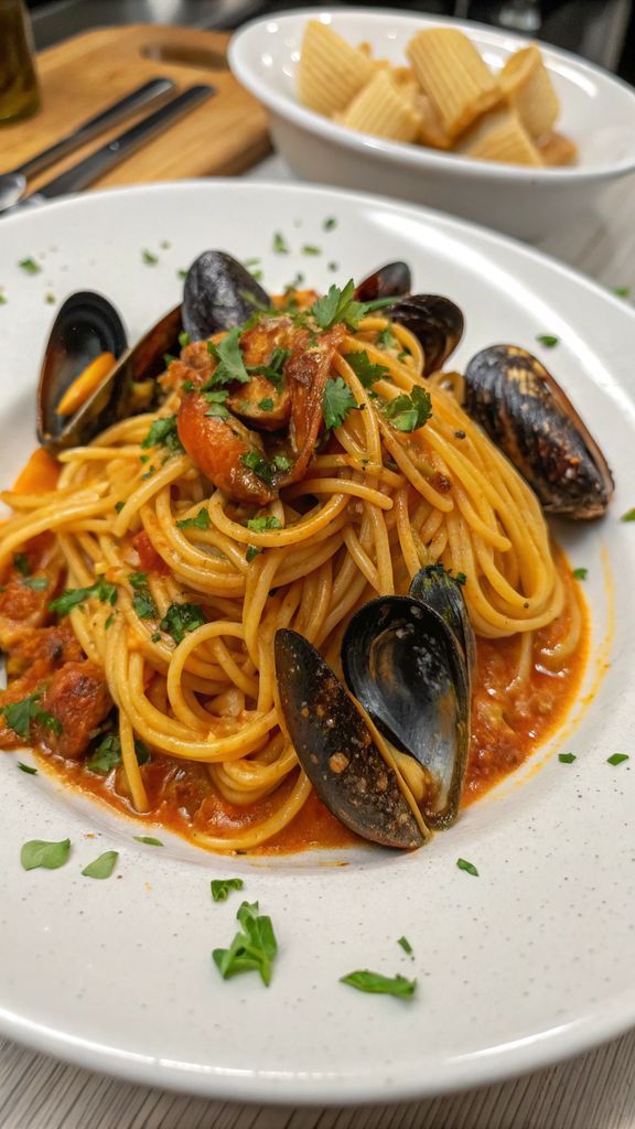 Primo piano di delizioso GLI SPAGHETTI ALLE COZZE DI ANTONINO CANNAVACCIUOLO