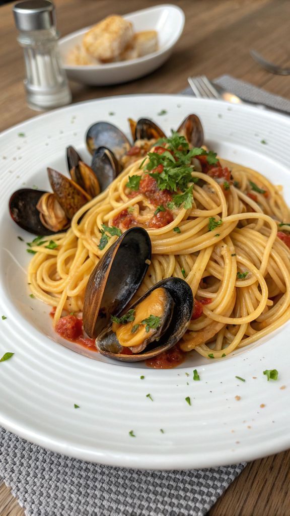 GLI SPAGHETTI ALLE COZZE DI ANTONINO CANNAVACCIUOLO splendidamente impiattato