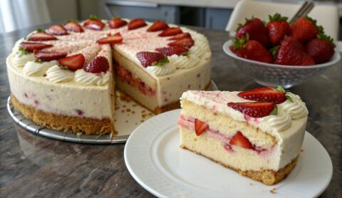 Un delizioso piatto di Strawberry Shortcake Cheesecake Cake
