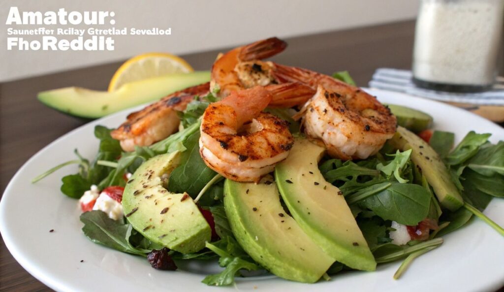 Un delizioso piatto di Grilled Shrimp Salad with Avocado and Greens