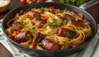 Un delizioso piatto di Sticky Honey Garlic Sausage Pasta Skillet