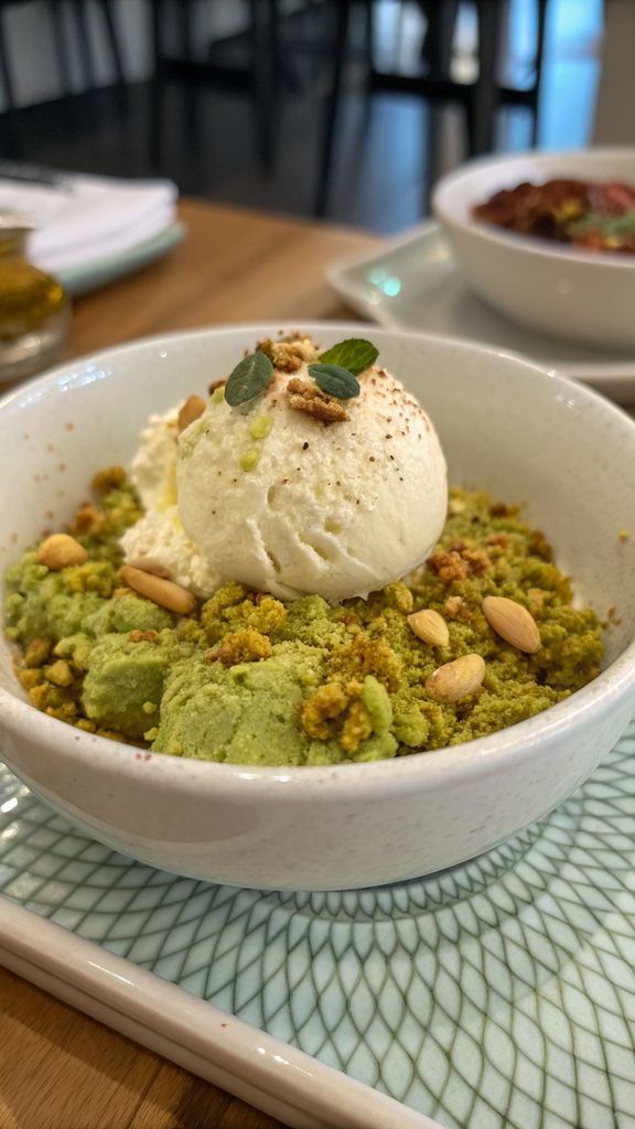 Sbriciolata al pistacchio splendidamente impiattato