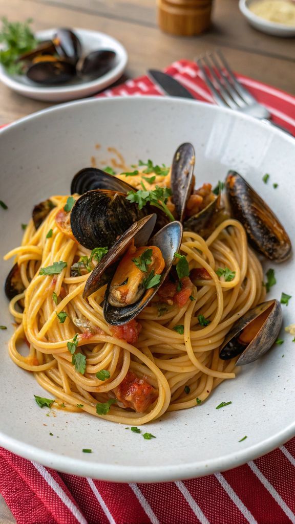 Primo piano di delizioso Spaghetti con le cozze