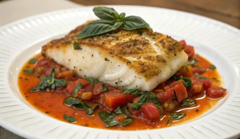 Un delizioso piatto di Pan-Seared Cod in Tomato Basil Sauce