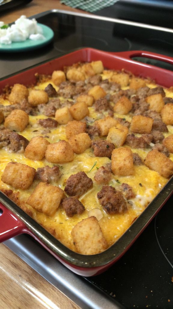 Preparazione passo-passo di Sausage Cream Cheese Tater Tot Breakfast Casserole