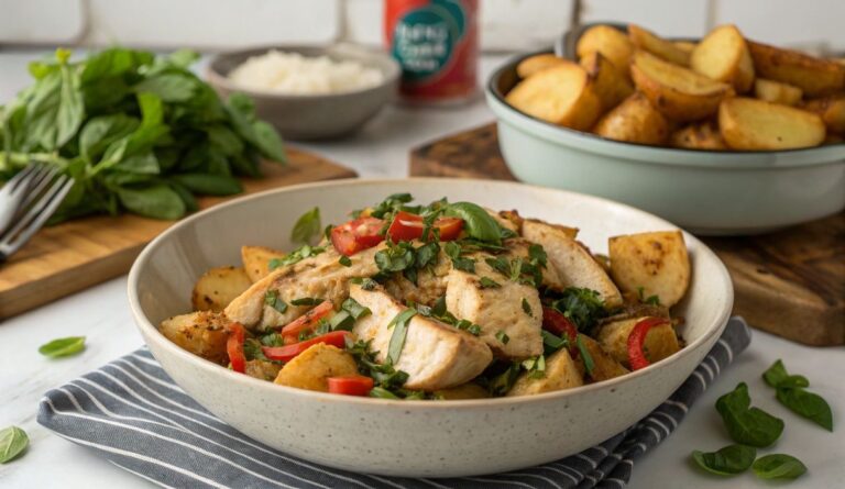 Un delizioso piatto di Coconut Basil Garlic Chicken Stir-Fry Bowl with Crispy Potatoes