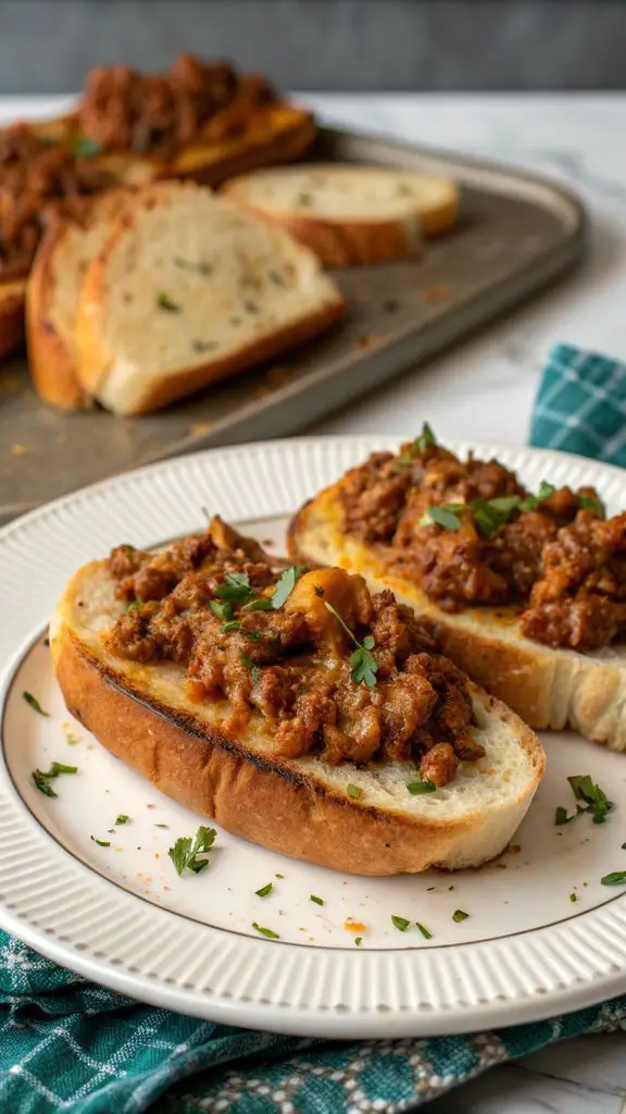 Primo piano di delizioso Sloppy Joe Garlic Bread