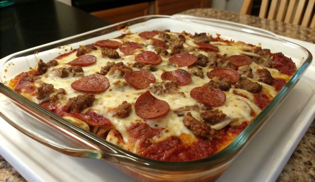 Un delizioso piatto di Meat Lovers Pizza Casserole