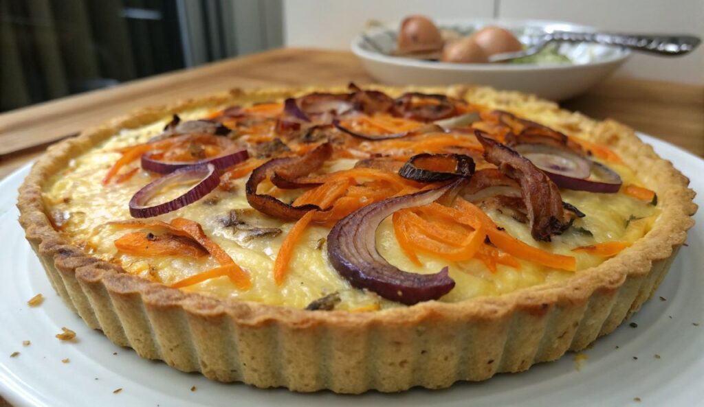 Un delizioso piatto di Carrot Quiche with Cheddar and Roasted Onions