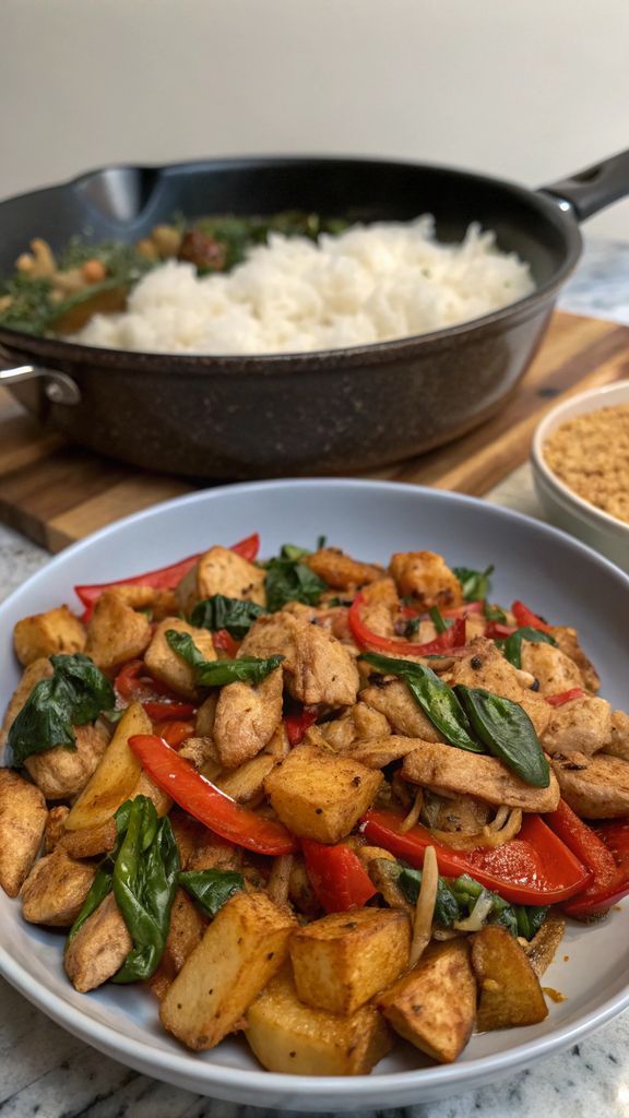 Preparazione passo-passo di Coconut Basil Garlic Chicken Stir-Fry Bowl with Crispy Potatoes