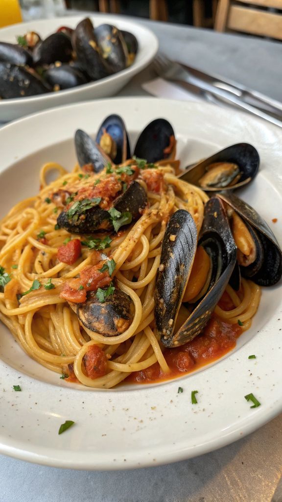 Spaghetti con le cozze splendidamente impiattato