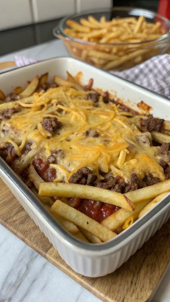 Primo piano di delizioso Cheeseburger French Fry Casserole
