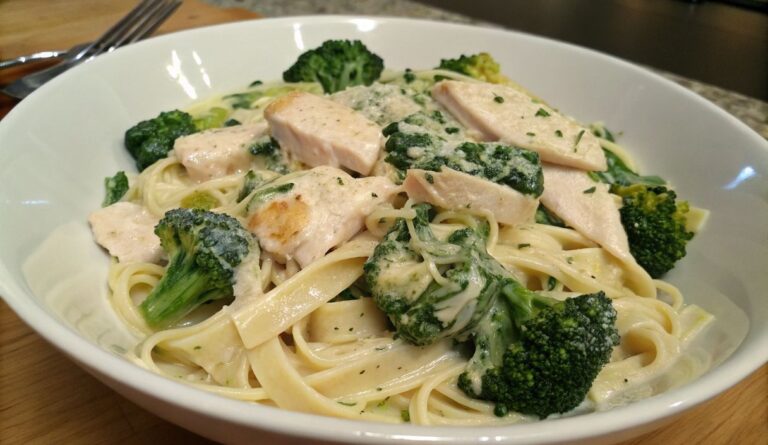 Un delizioso piatto di Creamy Chicken and Spinach Pasta with Broccoli