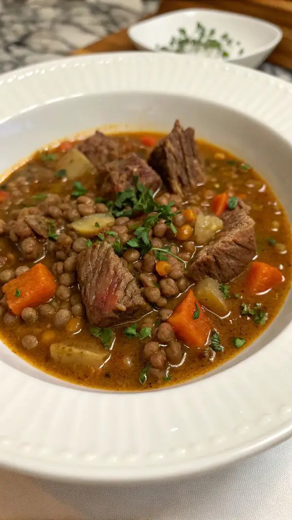 Un delizioso piatto di Zuppa di Manzo e Lenticchie Sostanziosa: Un Abbraccio Caldo in una Ciotola