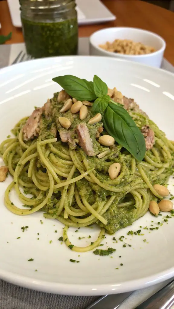 Un delizioso piatto di LA RICETTA DEL GIORNO: SPAGHETTI AL PESTO DI TONNO. BUON APPETITO!