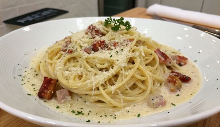 Un delizioso piatto di Creamy Spaghetti Carbonara Perfection