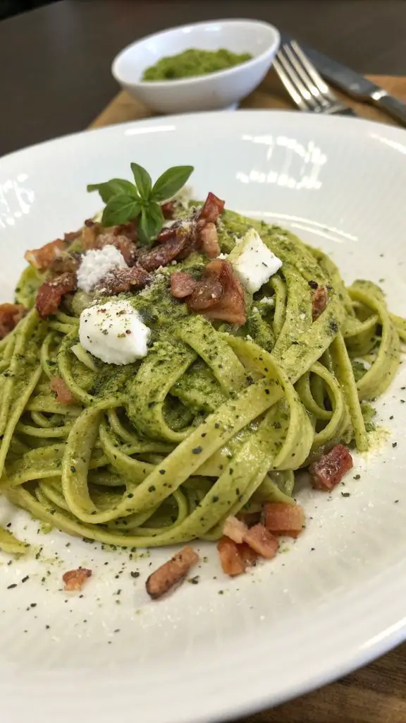 Preparazione passo-passo di Linguine con Pesto di Pistacchio, Bufala e Pancetta