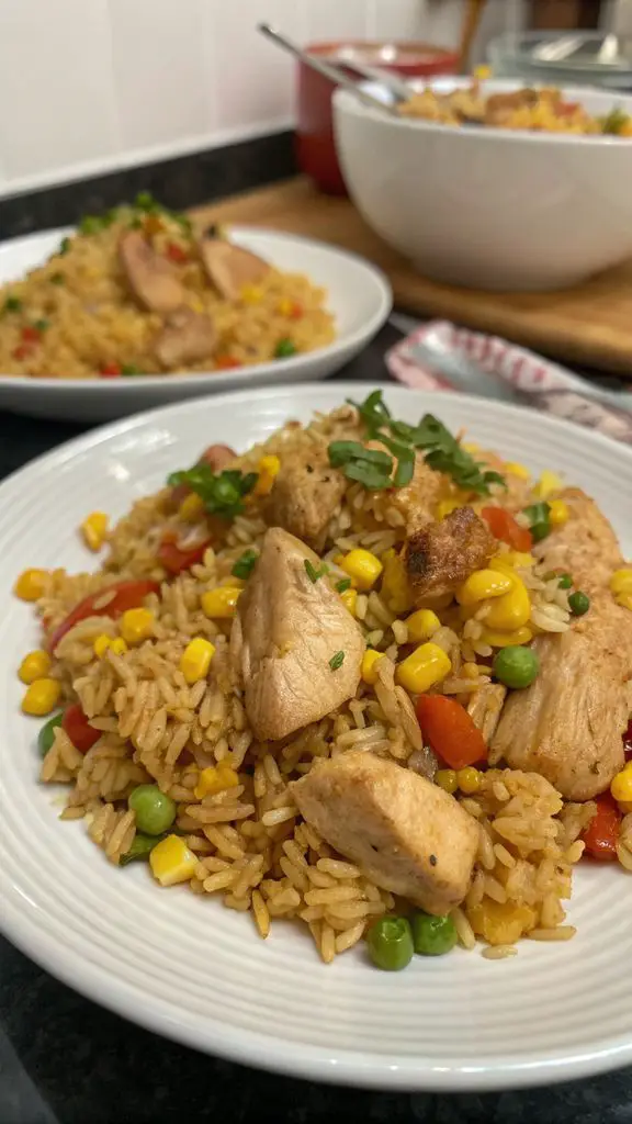 Un delizioso piatto di Fai Friggere il Tuo Pranzo con Questo Epico Piatto di Riso al Pollo e Mais da Strada!