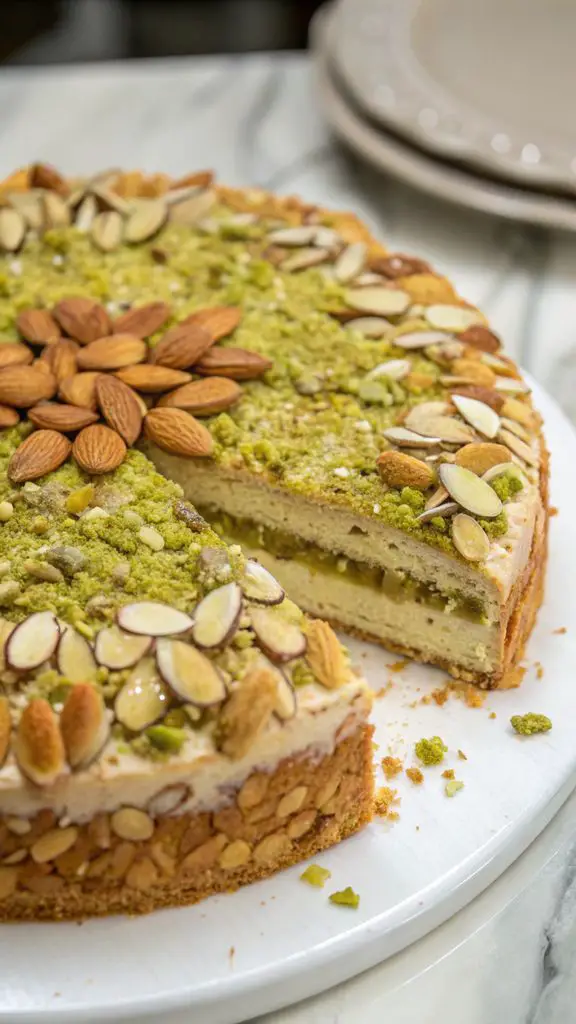 Un delizioso piatto di Torta a strati di mandorle e pistacchi della nonna: una delizia cremosa e ricca di noci