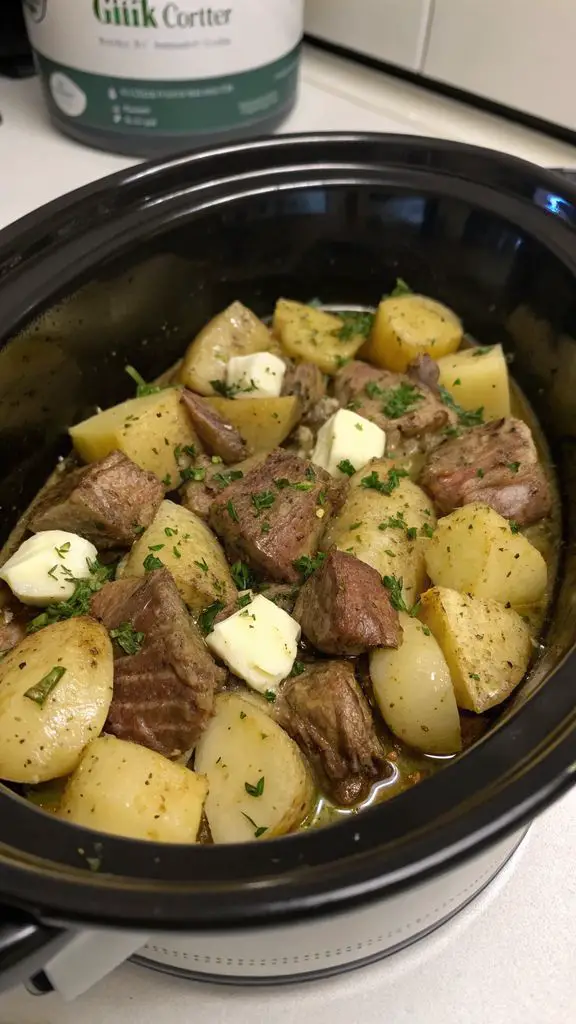 Un delizioso piatto di Assapora il Gusto: Bocconcini di Manzo al Burro d'Aglio e Patate in Slow Cooker