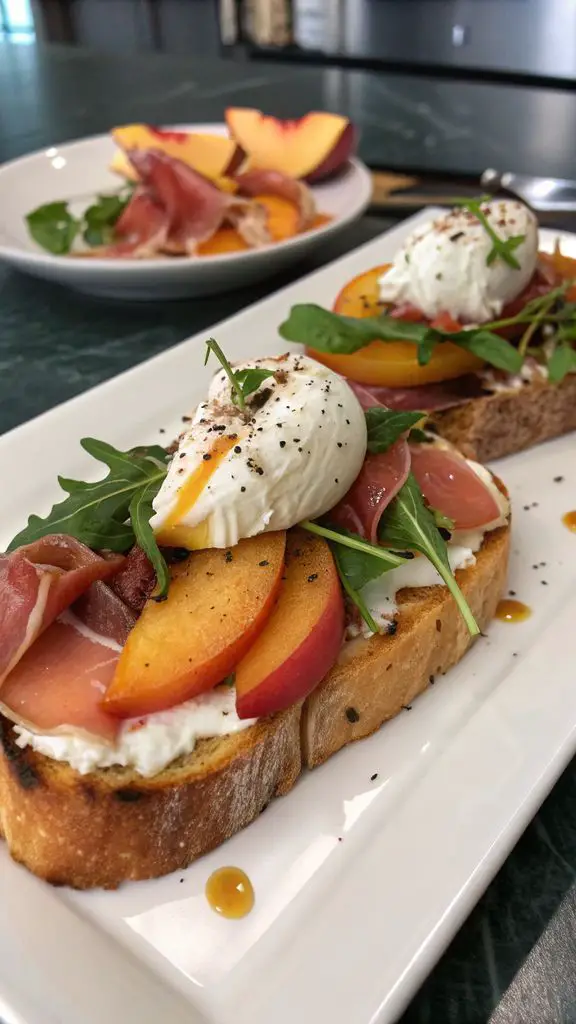 Preparazione passo-passo di Bruschetta con pesca, burrata e prosciutto crudo