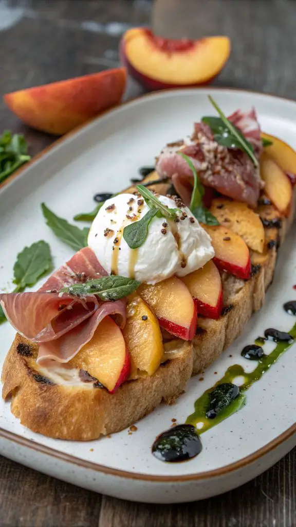 Un delizioso piatto di Bruschetta con pesca, burrata e prosciutto crudo
