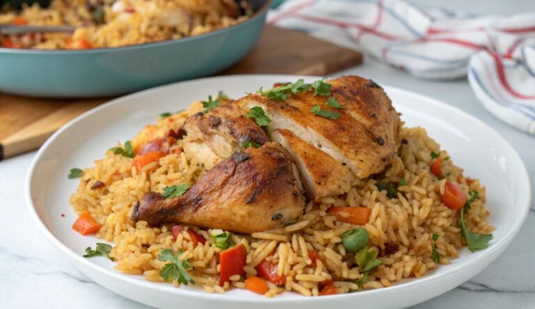 Un delizioso piatto di Tender Oven Baked Chicken and Rice Recipe