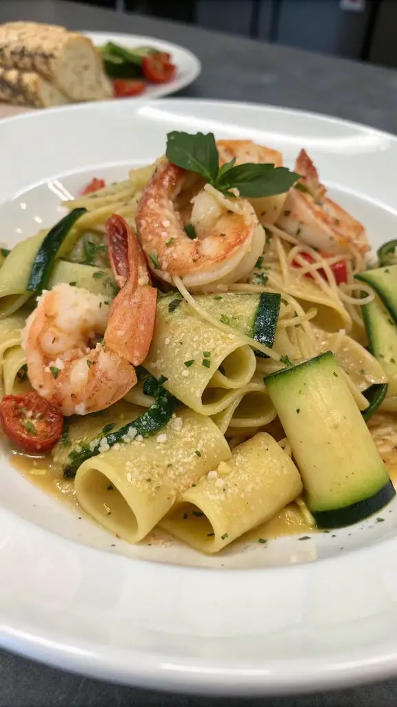Un delizioso piatto di Mezzi paccheri con gamberi e zucchine