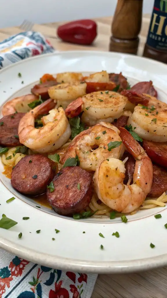 Un delizioso piatto di Gamberi cajun piccanti e salsiccia
