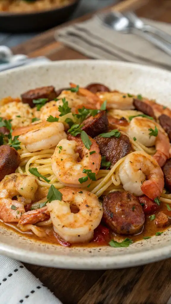 Un delizioso piatto di Fai Friggere la Tua Cena con Gamberetti e Salsiccia al Miele e Aglio!