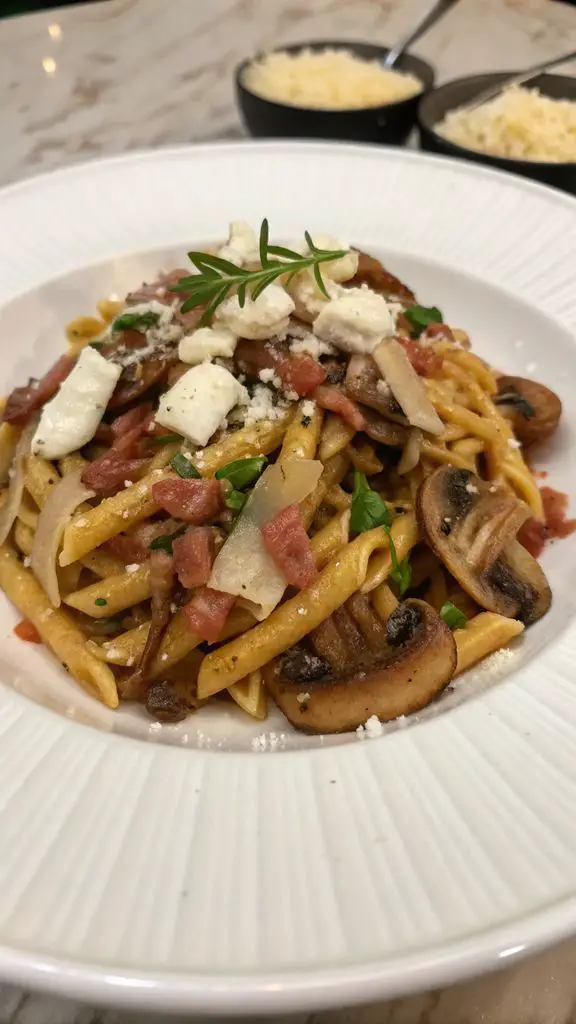 Un delizioso piatto di Trofie funghi, pancetta e philadelphia