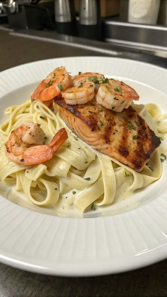Un delizioso piatto di Fettuccine alla griglia salmone e gamberetti Alfredo