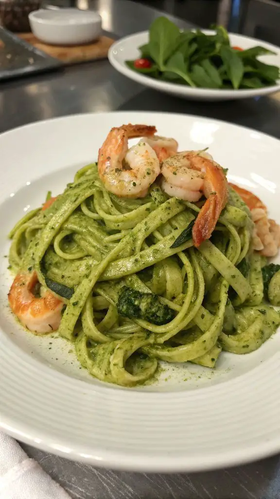 Un delizioso piatto di Linguine al Pesto di Zucchine con Gamberone Scottato