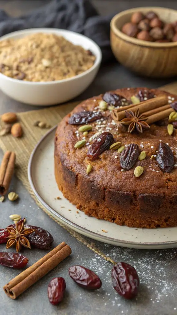 Un delizioso piatto di Torta di datteri persiani umida con una ricca cannella e spezia di cardamomo