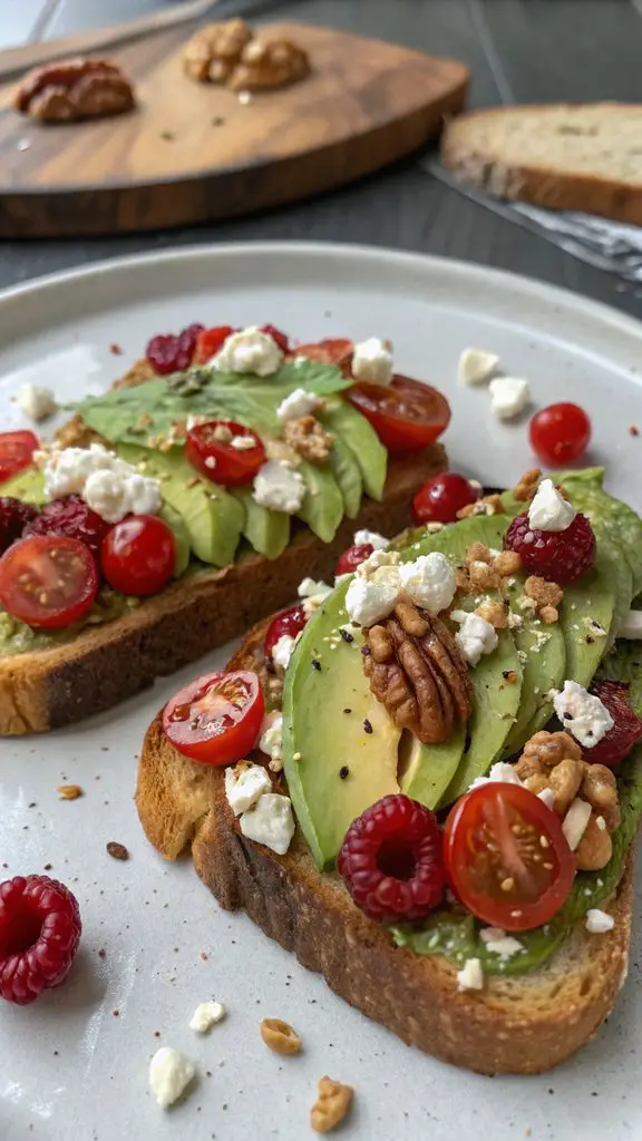 Un delizioso piatto di Toast all’avocado con feta, pomodorini, mirtilli rossi e noci