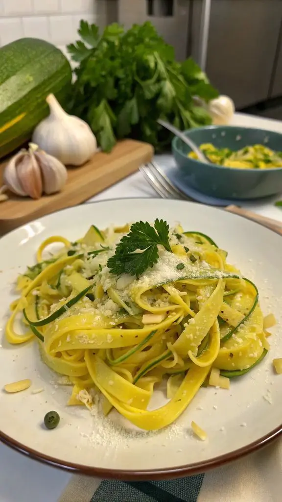 Un delizioso piatto di TAGLIATELLE DI ZUCCHINE ALL'AGLIO E PARMIGIANO