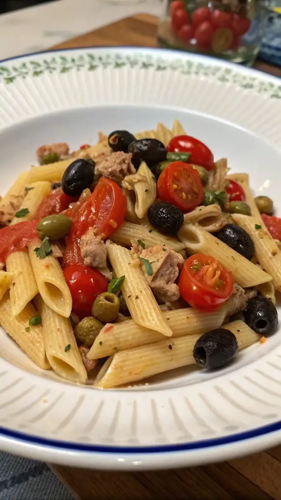 Un delizioso piatto di Penne rigate con tonno, pomodorini, olive nere e capperi