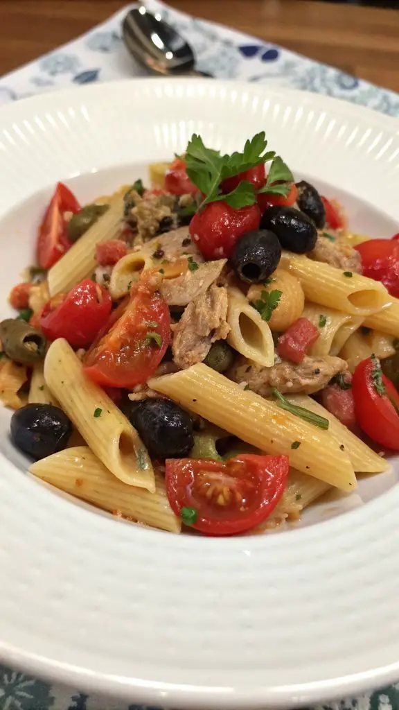 Preparazione passo-passo di Penne rigate con tonno, pomodorini, olive nere e capperi