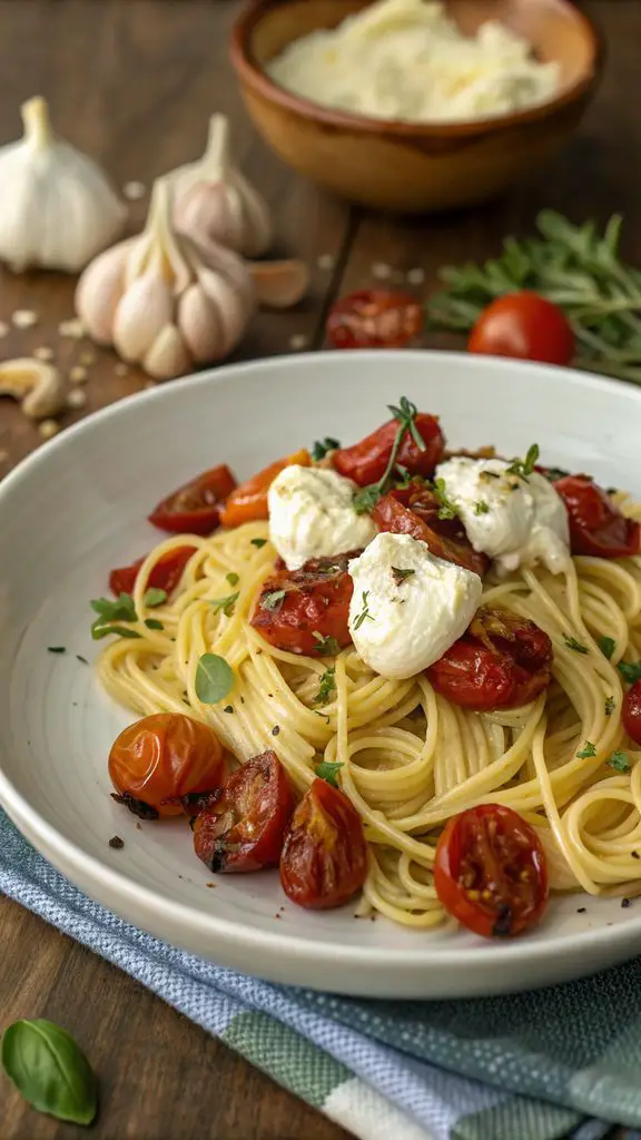 Un delizioso piatto di PASTA CON RICOTTA, POMODORI ARROSTITI E AGLIO