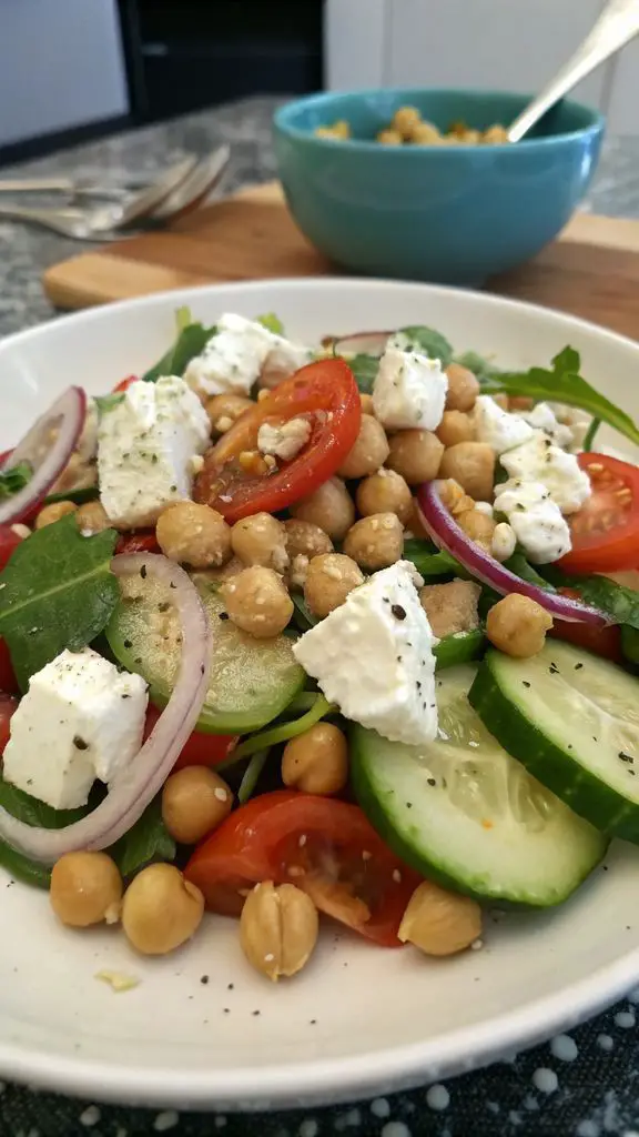 Un delizioso piatto di Insalata di Ceci, Cetrioli e Feta – Fresca, Proteica e Facile da Preparare!