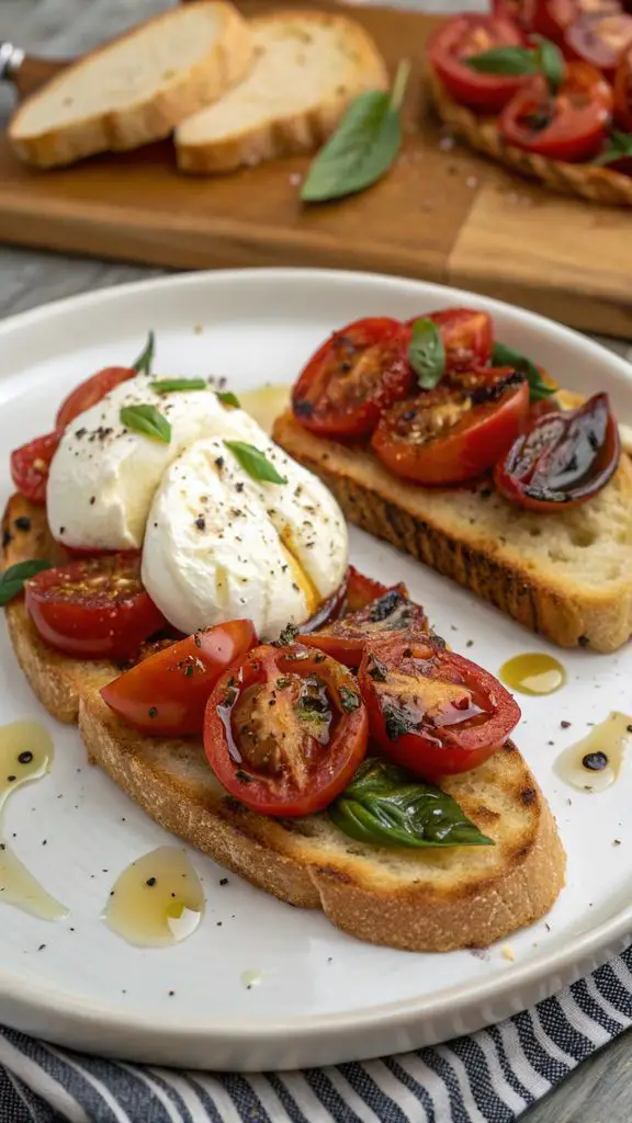 Un delizioso piatto di Pomodori arrostiti con burrata e pane tostato