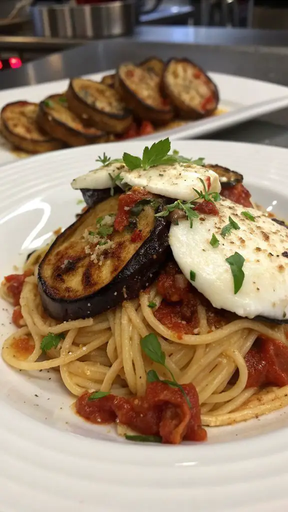 Un delizioso piatto di Pasta con Melanzane Fritte e Provola Affumicata