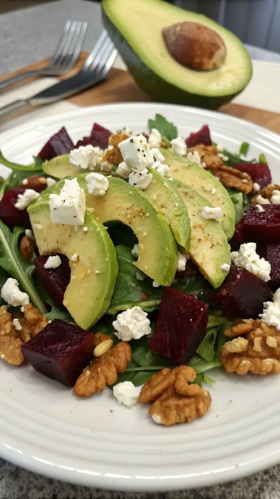 Preparazione passo-passo di Insalata di barbabietola, avocado, feta e noci: perfetta per un antipasto sano e colorato!