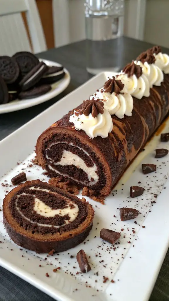 Un delizioso piatto di Rotolo di cioccolato e crema Oreo