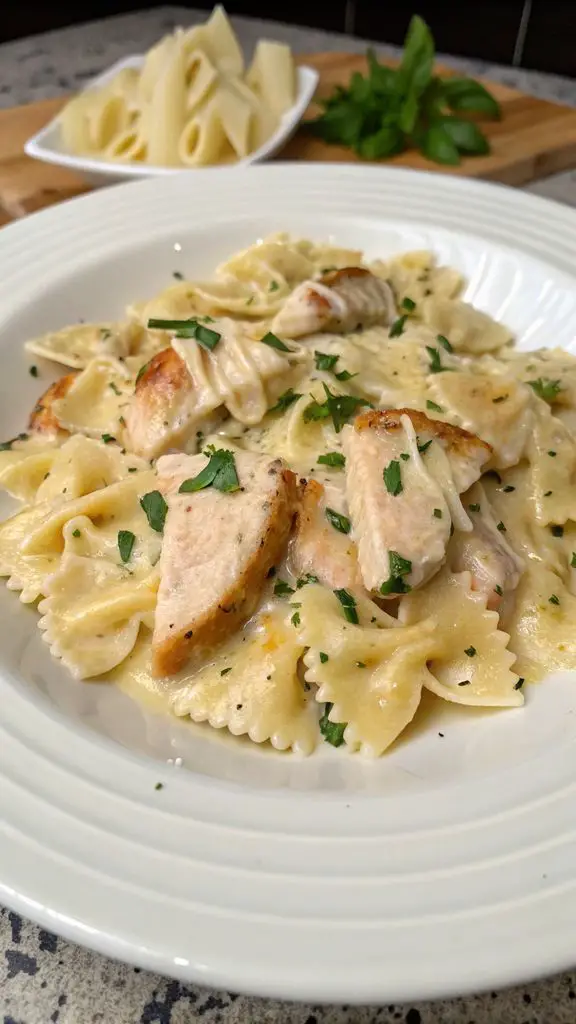 Preparazione passo-passo di Farfalle di pollo con mozzarella, aglio e burro in crema di formaggio