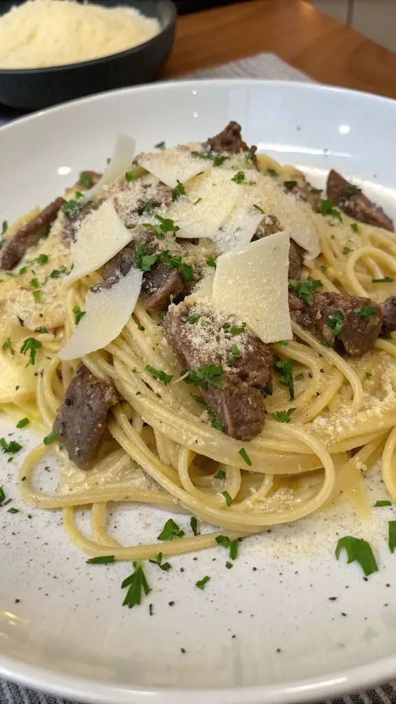 Un delizioso piatto di Spaghetti cremosi al burro e aglio con manzo al parmigiano